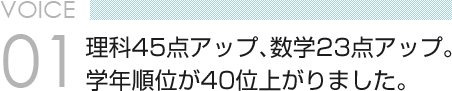 VOICE 01　理科45点アップ、数学23点アップ。学年順位が40位上がりました。