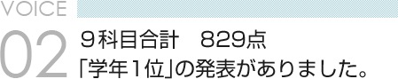 VOICE 02　９科目合計　829点 「学年1位」の発表がありました。