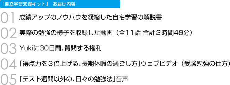 「自立学習支援キット」お届け内容　01 成績アップのノウハウを凝縮した自宅学習の解説書　02 実際の勉強の様子を収録した動画（全11話 合計２時間49分）　03 Yukiに30日間、質問する権利（先着50名様のみ）　04 「得点力を３倍上げる、長期休暇の過ごし方」ウェブビデオ（受験勉強の仕方）　05 「テスト週間以外の、日々の勉強法」音声