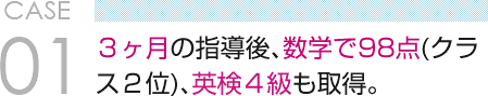 CASE 01　３ヶ月の指導後、数学で98点(クラス２位)、英検４級も取得。